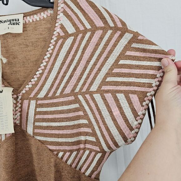 Savanna Jane Tan Embroidered Babydoll Knit Relaxed Fit Women's Size Small Nwt - Picture 6 of 9